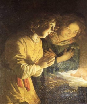  Child Oil Painting - Adoration Of The Child nighttime candlelit Gerard van Honthorst
